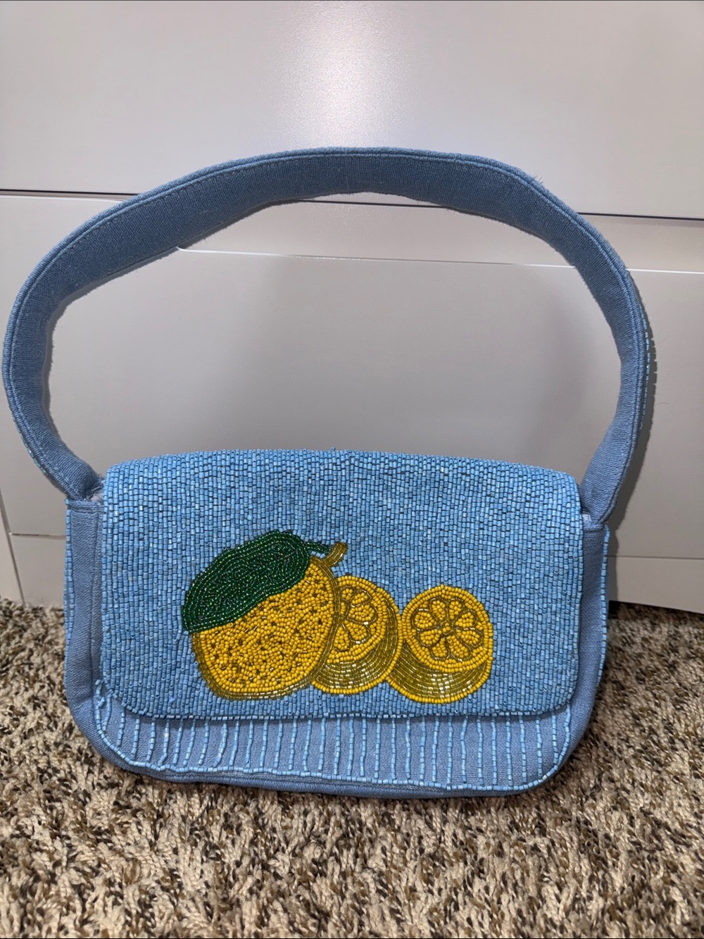 a new day Light Blue Beaded Shoulder Bag with Yellow Lemon Appliqué